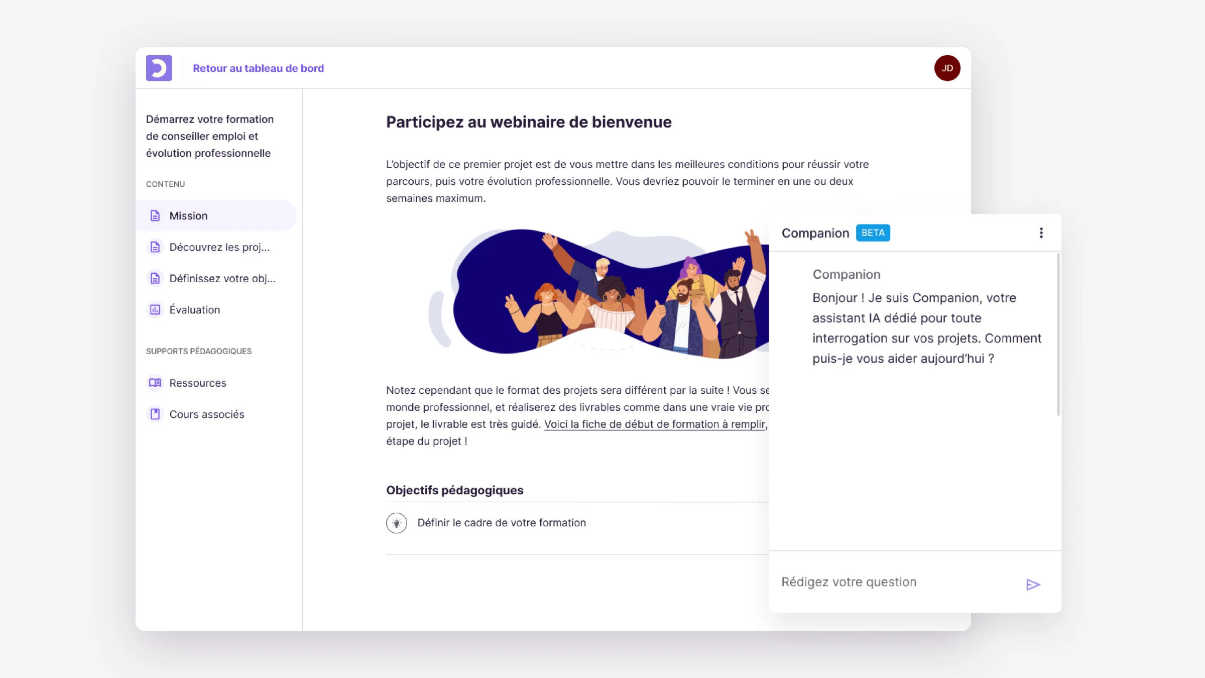An OpenClassrooms project page with the Companion chat panel open beside it, greeting the learner and offering help with the project