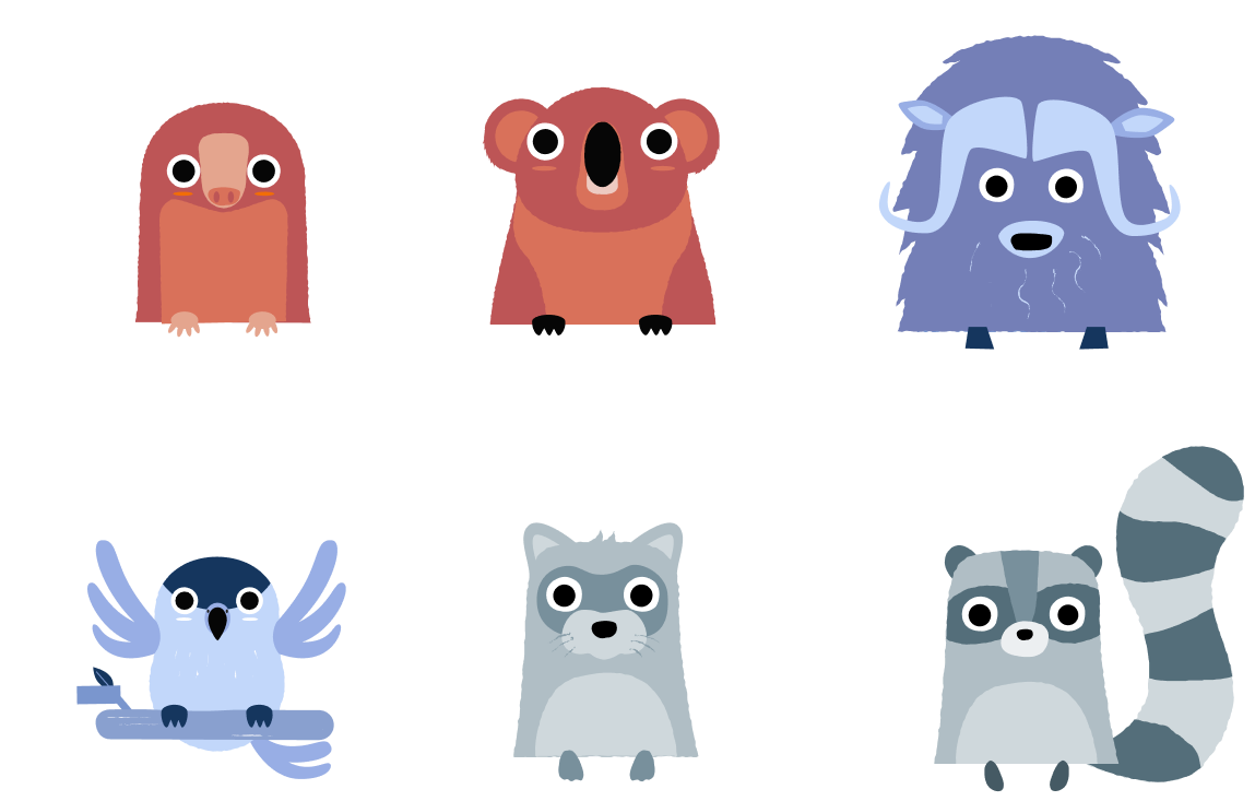 Six illustrated animals: a platypus, a koala, a musk ox, an owl, an otter and a raccoon