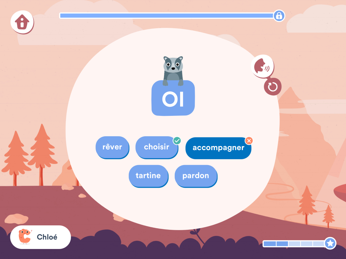 A reading exercise set in the mountain world: a raccoon holds the sound OI and the student picks the words that contain it