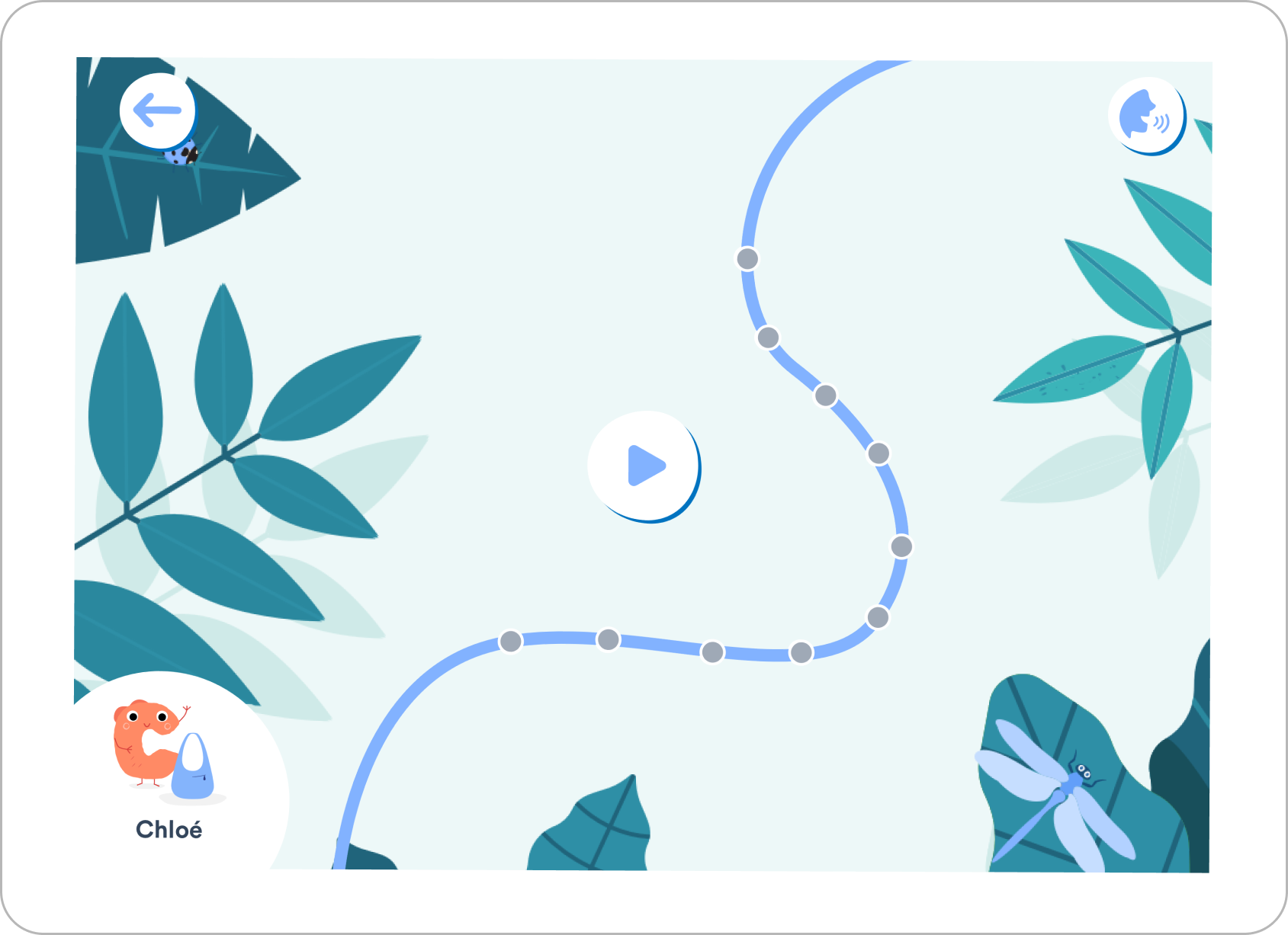 The Lalilo map: a path of grey steps through an illustrated jungle, with a play button and the student's avatar