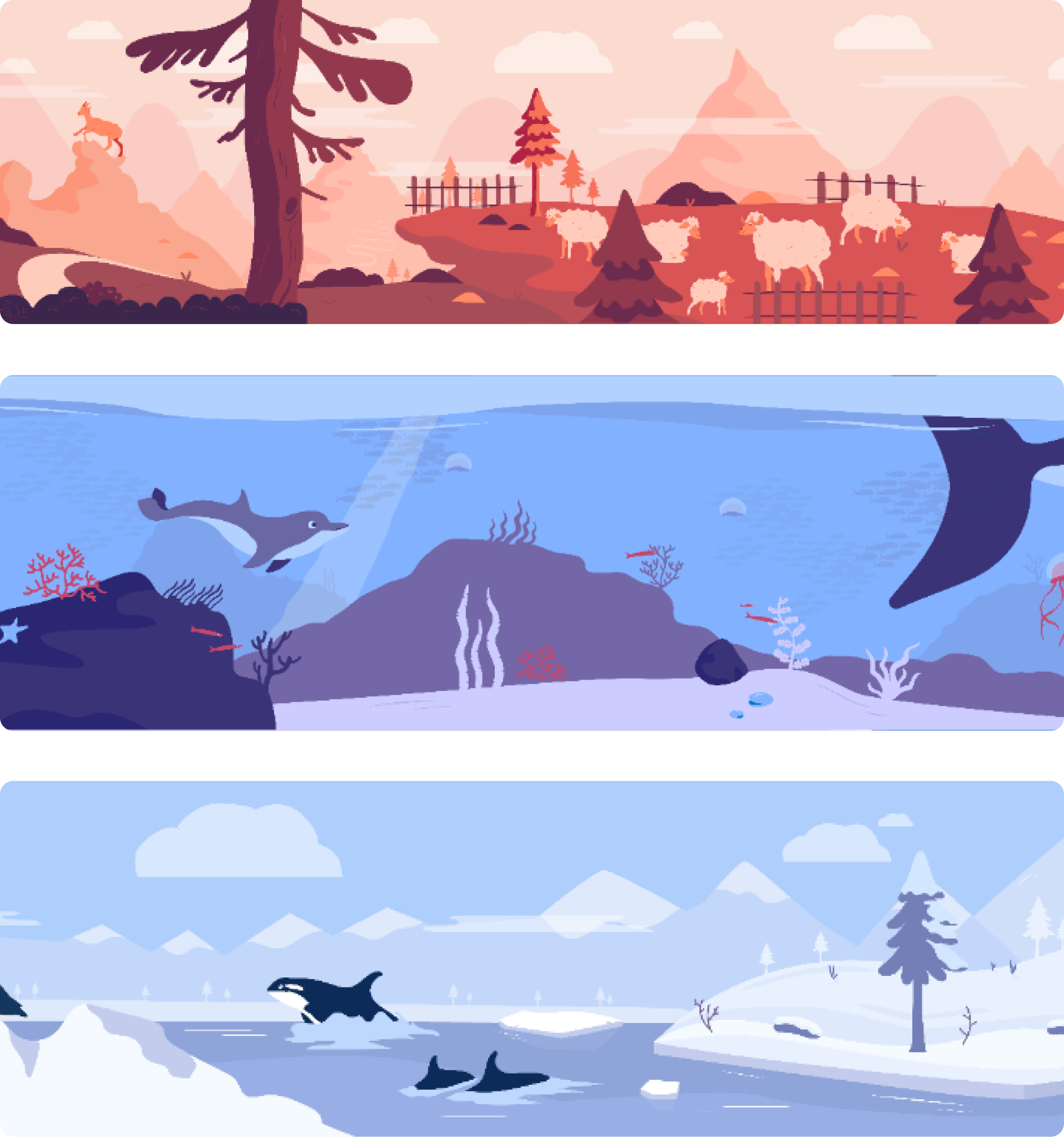 Three illustrated worlds: mountains with sheep, the ocean with dolphins and a whale, and an icy landscape with orcas