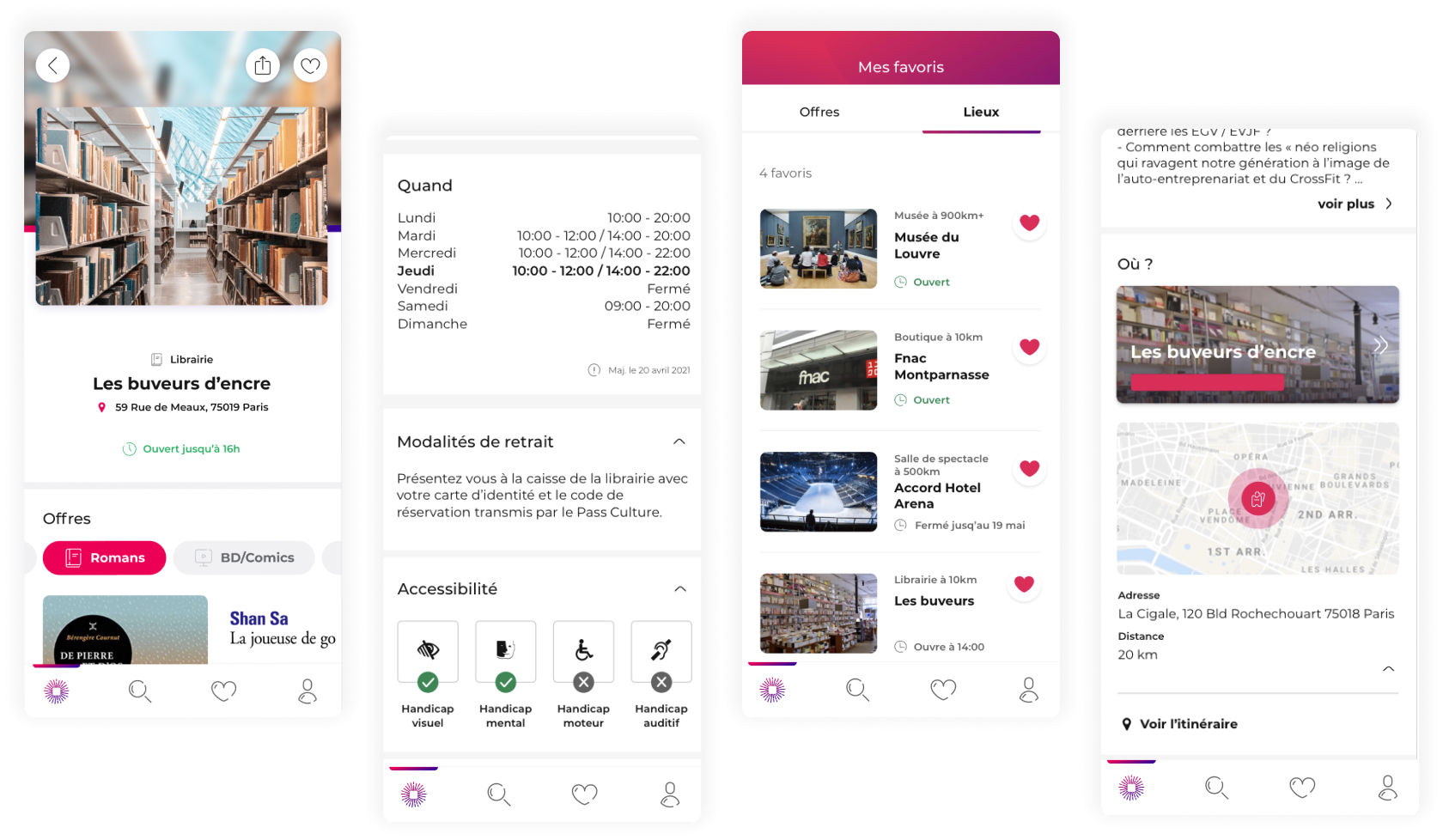 Four app screens: the venue page with offers by category, opening hours with pick-up and accessibility details, favourite venues, and the location with a map and directions