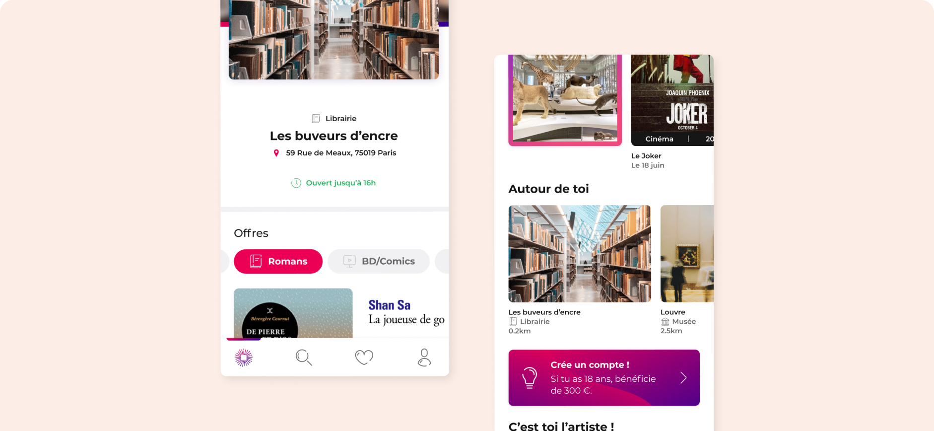 Two screens of the Pass Culture app: the page of a bookshop with its address, opening hours and offers, and a home feed listing venues near the user