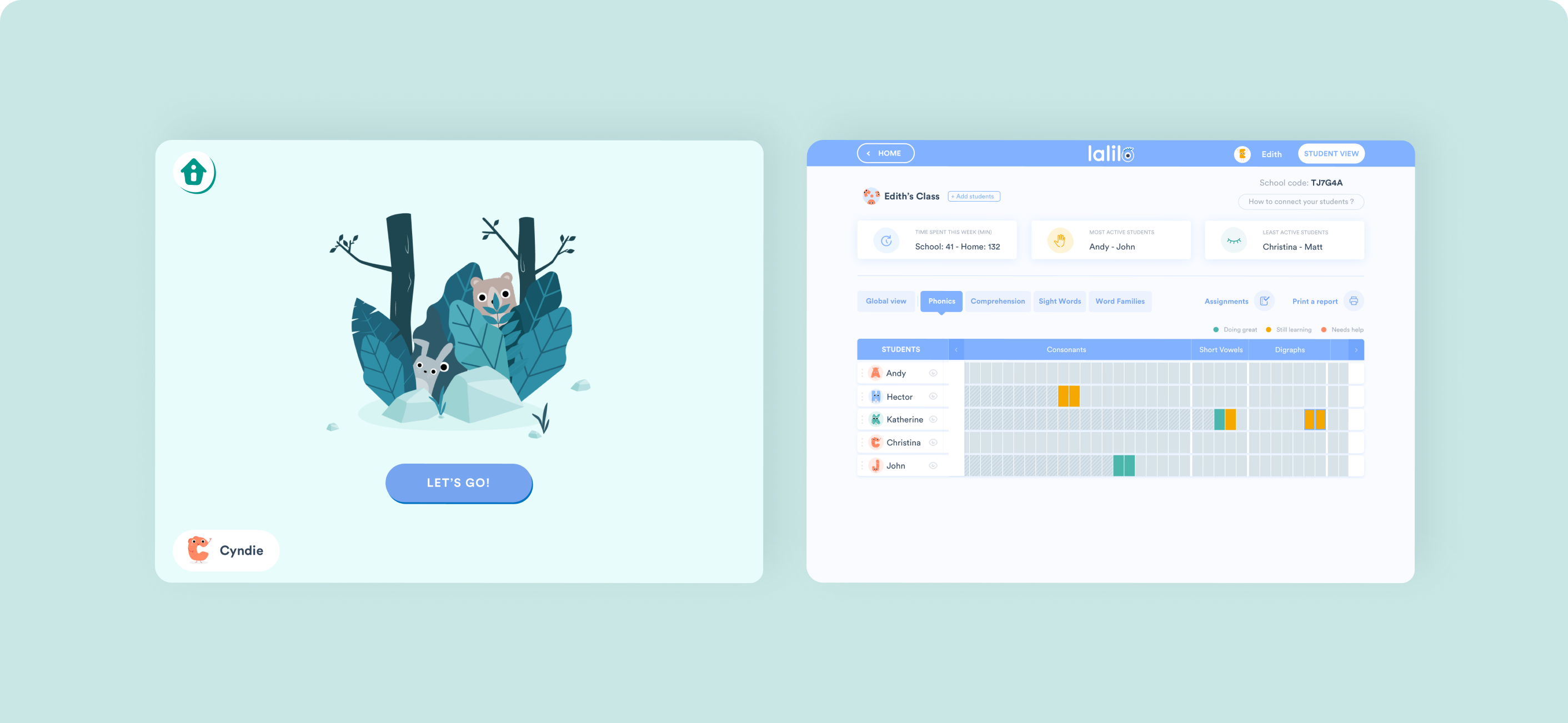 Two Lalilo screens: the illustrated start of the placement test for a student, and the teacher dashboard showing each student's level by skill