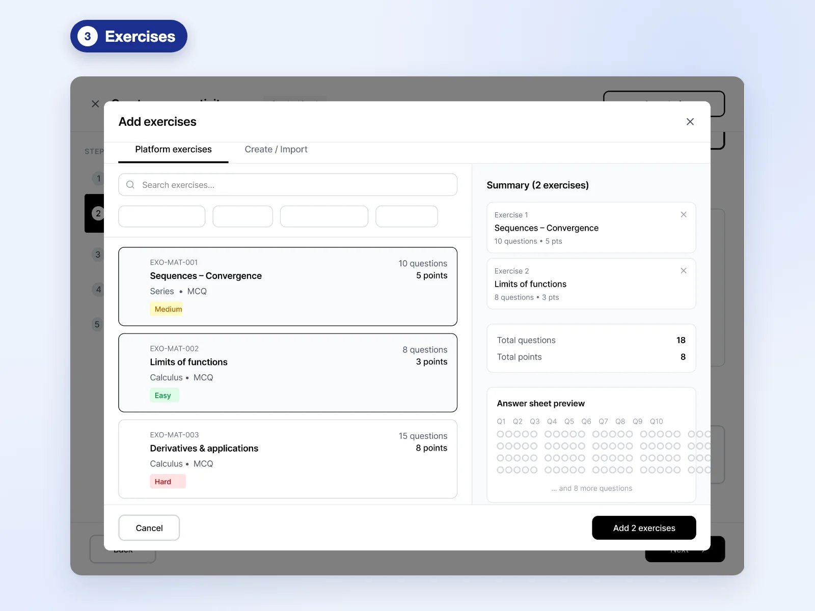 Step 3, Exercises: picking exercises from the platform library, with a summary and an answer sheet preview